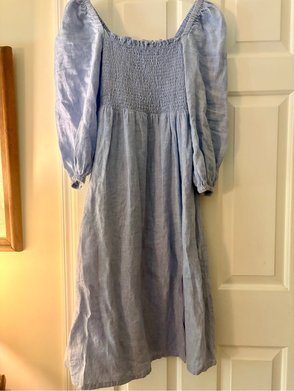 J.CREW Women's Blue Chambray Linen 3/4 Puff Sleeve Off The Shoulder Dress SlitXS